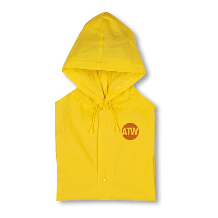 Impermeable personalizado de plástico color Amarillo cuarta vista con logo Impermeable personalizado de plástico color Amarillo cuarta vista con logo