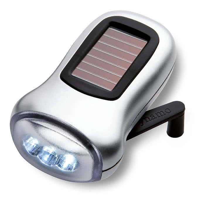 Linterna de carga solar y dinamo color Plateado Mate cuarta vista