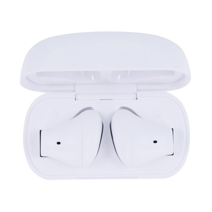 Auriculares inalámbricos ergonómicos en estuche personalizable color blanco cuarta vista Auriculares inalámbricos ergonómicos en estuche personalizable color blanco cuarta vista