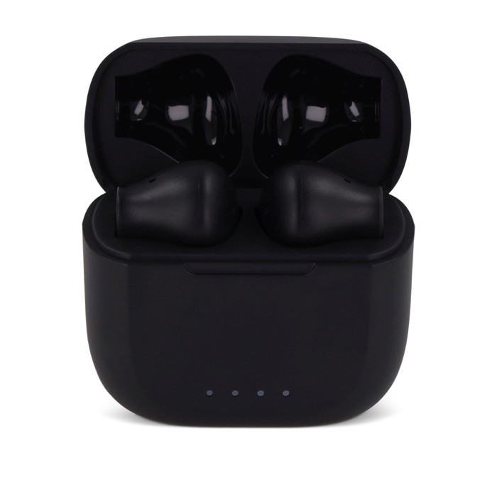 Auriculares inalámbricos ergonómicos en estuche personalizable color negro cuarta vista Auriculares inalámbricos ergonómicos en estuche personalizable color negro cuarta vista