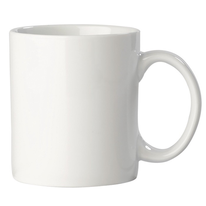 Típica taza blanca de porcelana hecha en EU con capacidad de 300ml color blanco cuarta vista