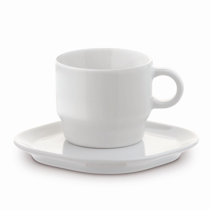Taza de café apilable con plato rectangular hecho en EU 180ml color blanco Taza de café apilable con plato rectangular hecho en EU 180ml color blanco