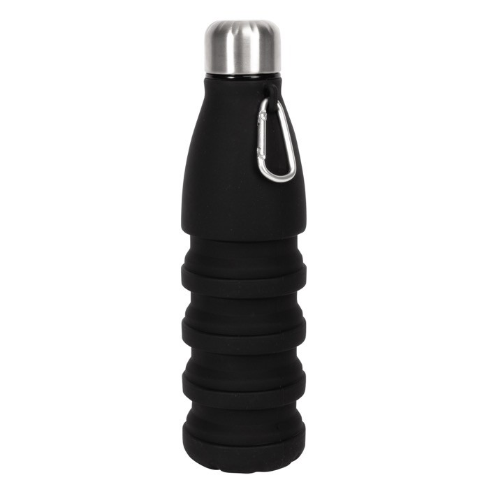 Botella de silicona libre de BPA plegable con mosquetón 550ml color negro Botella de silicona libre de BPA plegable con mosquetón 550ml color negro