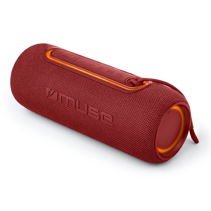 Altavoz en forma cilindrica resistente al agua y detalles LED color rojo Altavoz en forma cilindrica resistente al agua y detalles LED color rojo