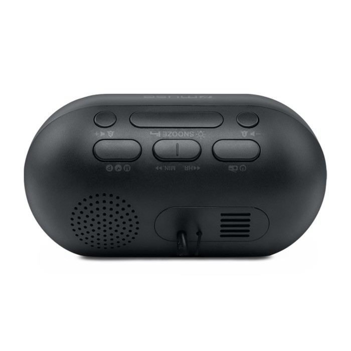 Radio reloj redondo y compacto con pantalla digital para la hora color negro tercera vista Radio reloj redondo y compacto con pantalla digital para la hora color negro tercera vista