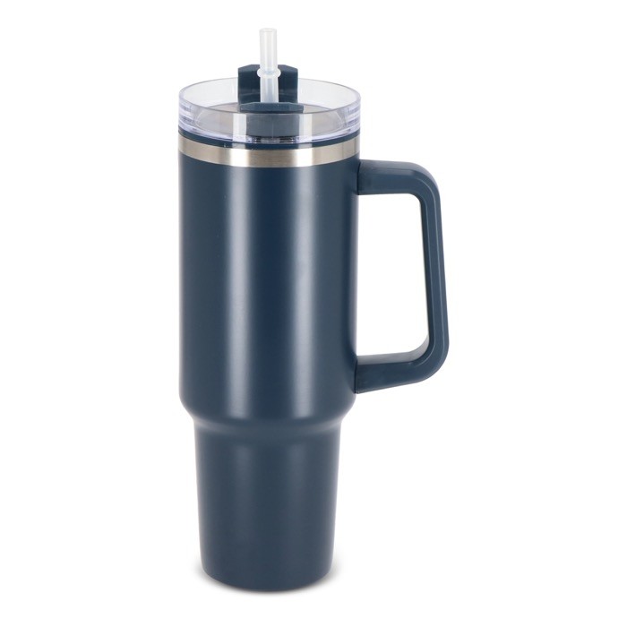 Vaso térmico grande de acero inoxidable con pajita 1.2L color azul oscuro
