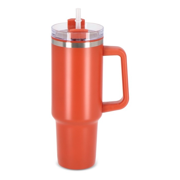 Vaso térmico grande de acero inoxidable con pajita 1.2L color naranja