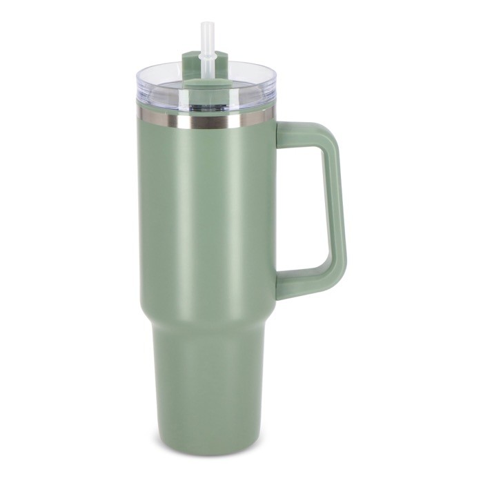Vaso térmico grande de acero inoxidable con pajita 1.2L color verde oliva