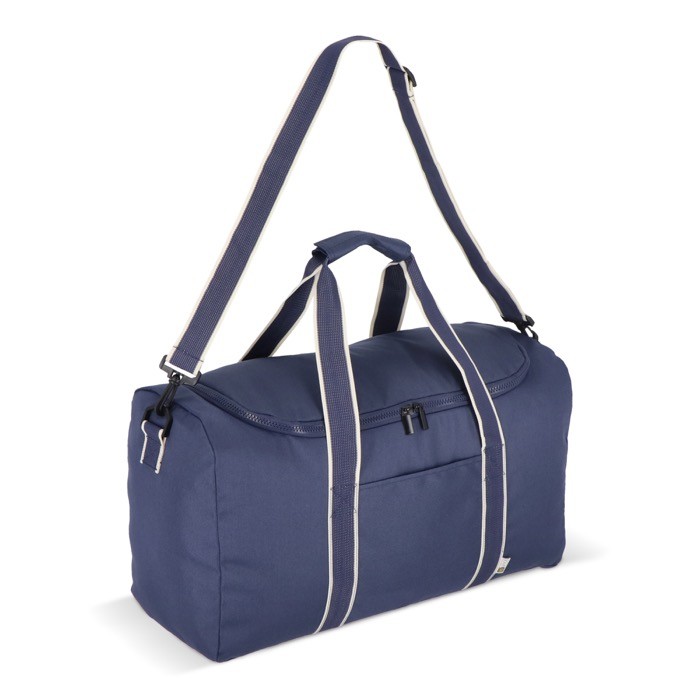 Bolsa de RPET para viaje o deporte con amplia apertura superior color azul oscuro segunda vista Bolsa de RPET para viaje o deporte con amplia apertura superior color azul oscuro segunda vista