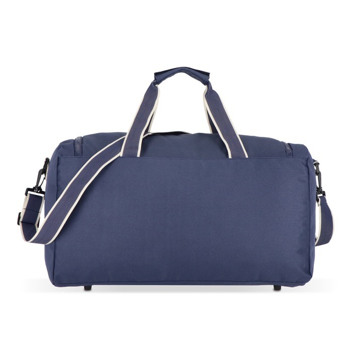 Bolsa de RPET para viaje o deporte con amplia apertura superior color azul oscuro cuarta vista Bolsa de RPET para viaje o deporte con amplia apertura superior color azul oscuro cuarta vista