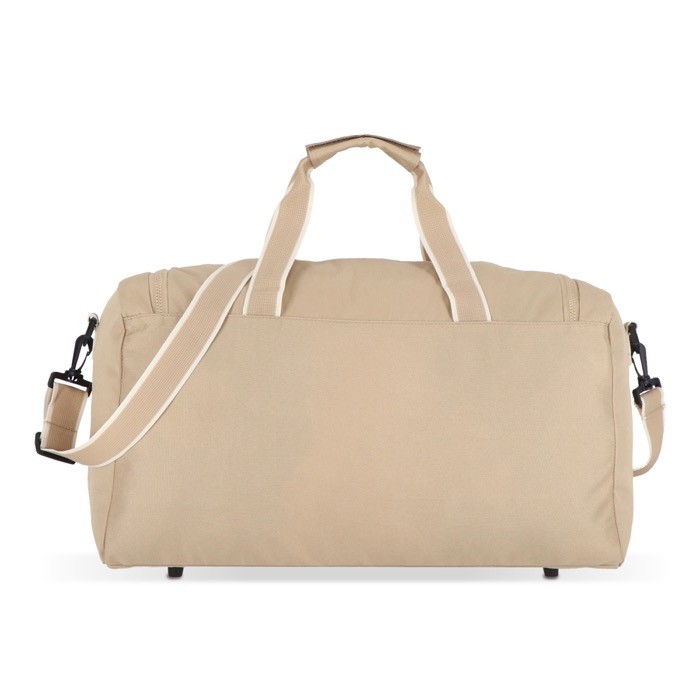 Bolsa de RPET para viaje o deporte con amplia apertura superior color beige cuarta vista Bolsa de RPET para viaje o deporte con amplia apertura superior color beige cuarta vista