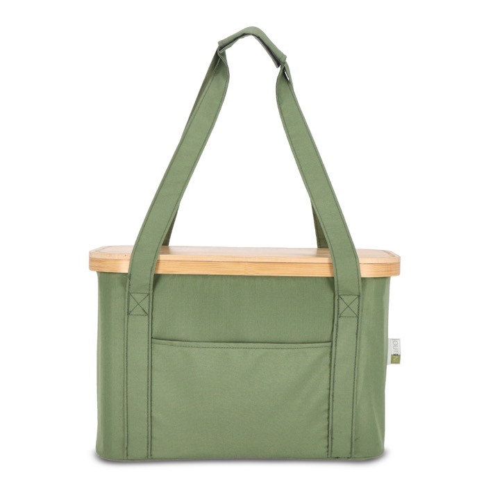 Cesta de picnic con tapa de madera y bolsa nevera en el interior color verde oliva segunda vista