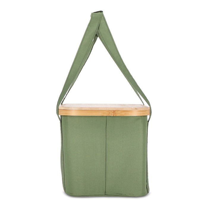 Cesta de picnic con tapa de madera y bolsa nevera en el interior color verde oliva sexta vista