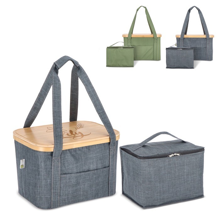 Cesta de picnic con tapa de madera y bolsa nevera en el interior