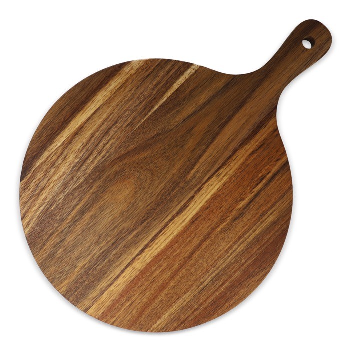 Plato de madera de acacia ideal para pizzas, bocadillos y tapas color madera tercera vista Plato de madera de acacia ideal para pizzas, bocadillos y tapas color madera tercera vista