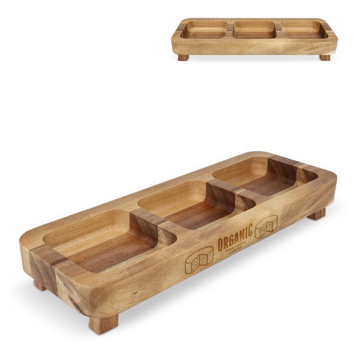 Mini mesa de madera de acacia con 3 compartimientos para meriendas Mini mesa de madera de acacia con 3 compartimientos para meriendas