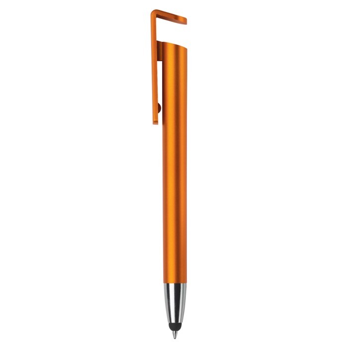 Bolígrafo de plástico con puntero y soporte para móvil de tinta azul color naranja tercera vista Bolígrafo de plástico con puntero y soporte para móvil de tinta azul color naranja tercera vista