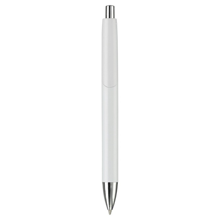 Bolígrafo de plástico en varios colores con pulsador y punta de metal color blanco cuarta vista Bolígrafo de plástico en varios colores con pulsador y punta de metal color blanco cuarta vista