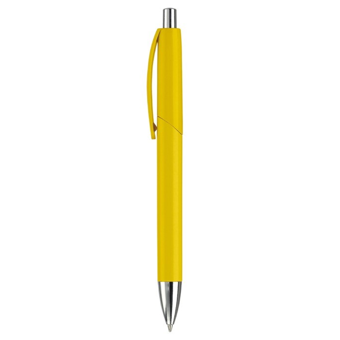 Bolígrafo de plástico en varios colores con pulsador y punta de metal color amarillo tercera vista Bolígrafo de plástico en varios colores con pulsador y punta de metal color amarillo tercera vista