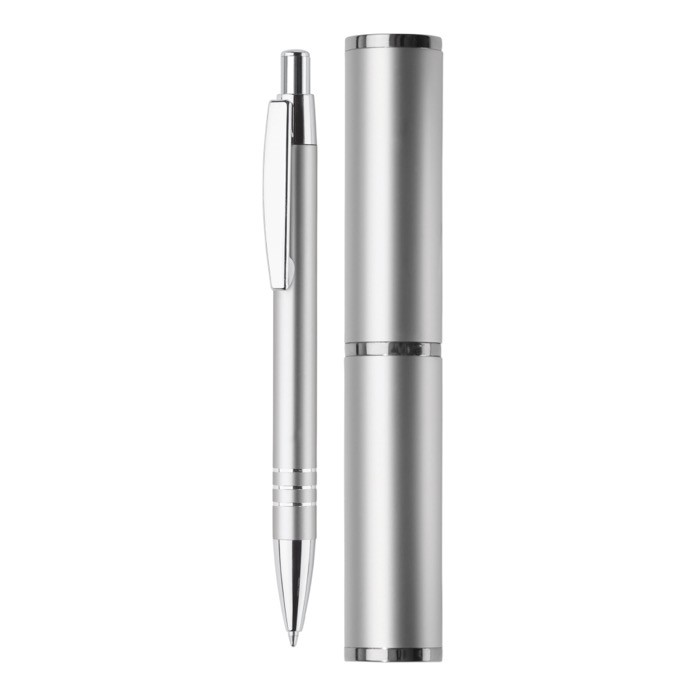 Bolígrafo de aluminio con estuche en forma de tubo a juego color plateado Bolígrafo de aluminio con estuche en forma de tubo a juego color plateado