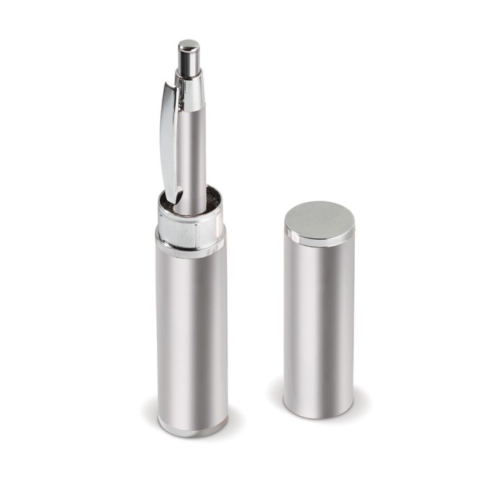 Bolígrafo de aluminio con estuche en forma de tubo a juego color plateado septima vista Bolígrafo de aluminio con estuche en forma de tubo a juego color plateado septima vista