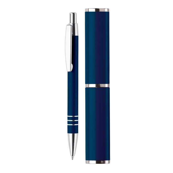 Bolígrafo de aluminio con estuche en forma de tubo a juego color azul oscuro Bolígrafo de aluminio con estuche en forma de tubo a juego color azul oscuro
