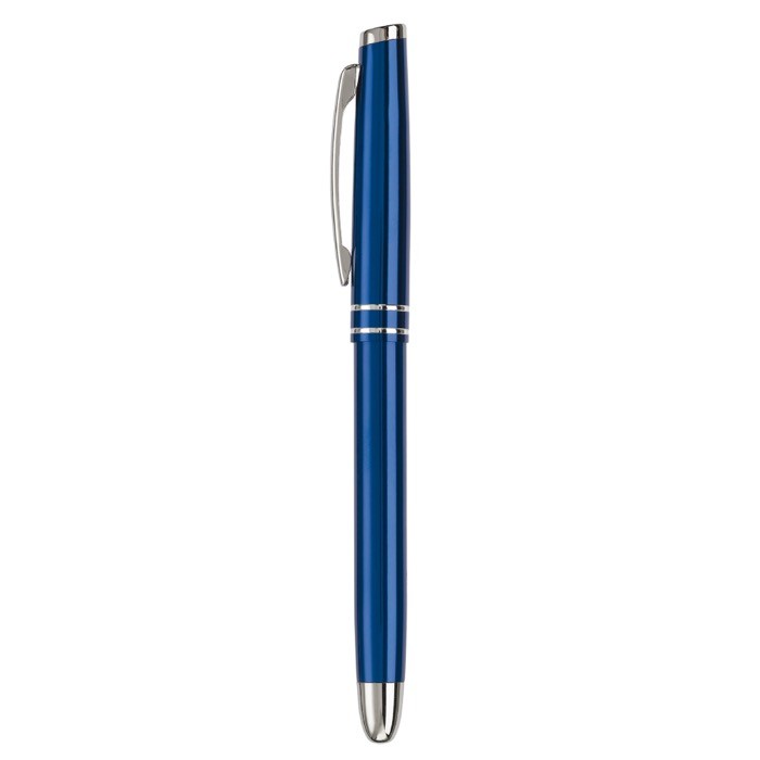 Bolígrafo roller de aluminio con capuchón a juego y tinta azul color azul oscuro tercera vista Bolígrafo roller de aluminio con capuchón a juego y tinta azul color azul oscuro tercera vista