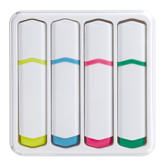 Kit de 4 marcadores de distintos colores en caja transparente color blanco tercera vista