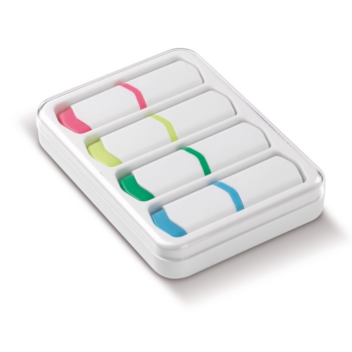Kit de 4 marcadores mini de distintos colores en caja transparente color blanco
