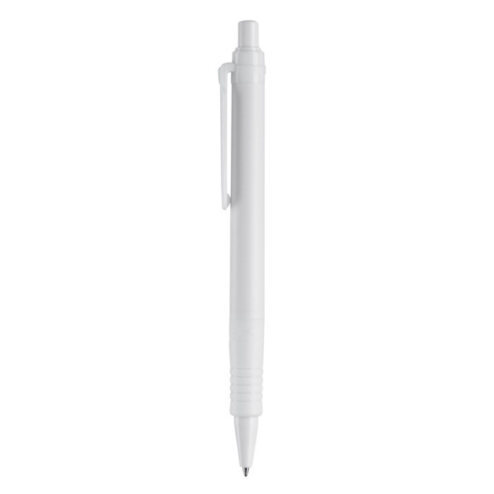 Bolígrafo pulsador de material biodegradable de tinta azul color blanco tercera vista Bolígrafo pulsador de material biodegradable de tinta azul color blanco tercera vista