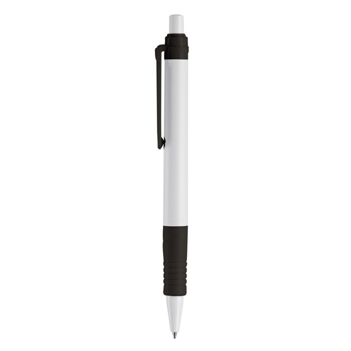 Bolígrafo pulsador de material biodegradable de tinta azul color blanco/negro tercera vista Bolígrafo pulsador de material biodegradable de tinta azul color blanco/negro tercera vista