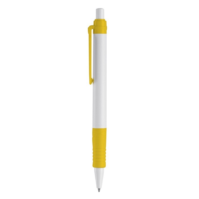 Bolígrafo pulsador de material biodegradable de tinta azul color amarillo tercera vista Bolígrafo pulsador de material biodegradable de tinta azul color amarillo tercera vista