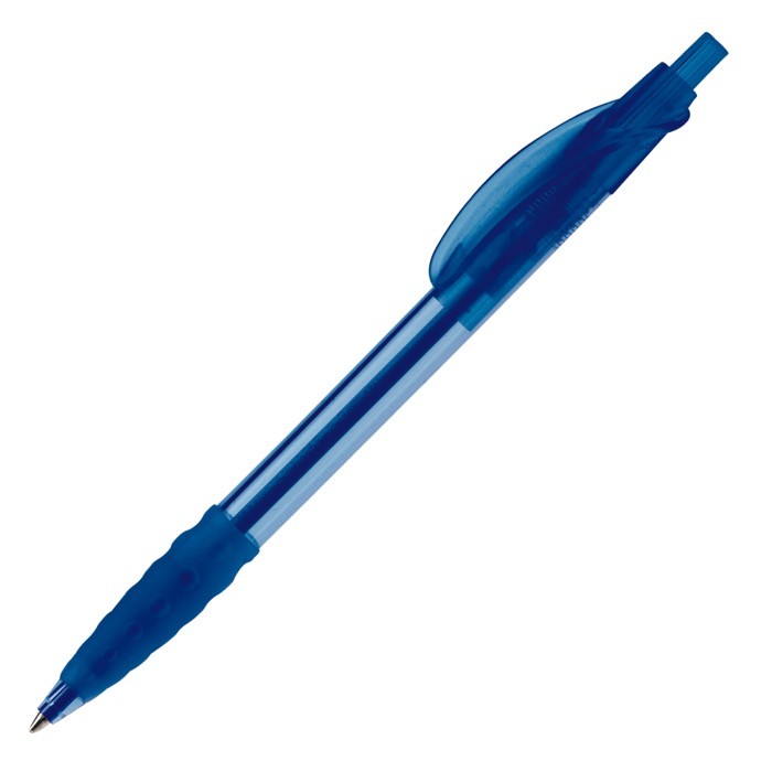 Bolígrafo de plástico transparente con grip de goma hecho en EU color azul transparente Bolígrafo de plástico transparente con grip de goma hecho en EU color azul transparente
