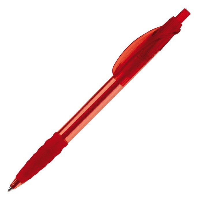 Bolígrafo de plástico transparente con grip de goma hecho en EU color rojo transparente Bolígrafo de plástico transparente con grip de goma hecho en EU color rojo transparente