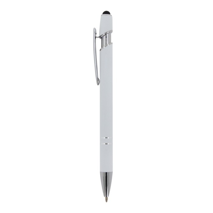 Bolígrafo de aluminio reciclado con acabado de caucho y puntero color blanco tercera vista Bolígrafo de aluminio reciclado con acabado de caucho y puntero color blanco tercera vista