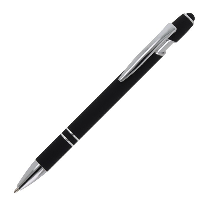 Bolígrafo de aluminio reciclado con acabado de caucho y puntero color negro Bolígrafo de aluminio reciclado con acabado de caucho y puntero color negro