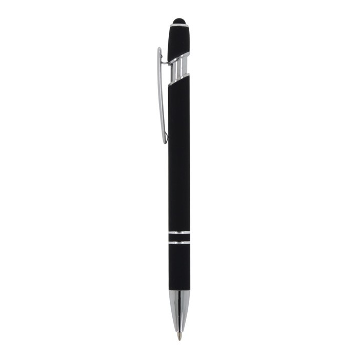 Bolígrafo de aluminio reciclado con acabado de caucho y puntero color negro tercera vista Bolígrafo de aluminio reciclado con acabado de caucho y puntero color negro tercera vista