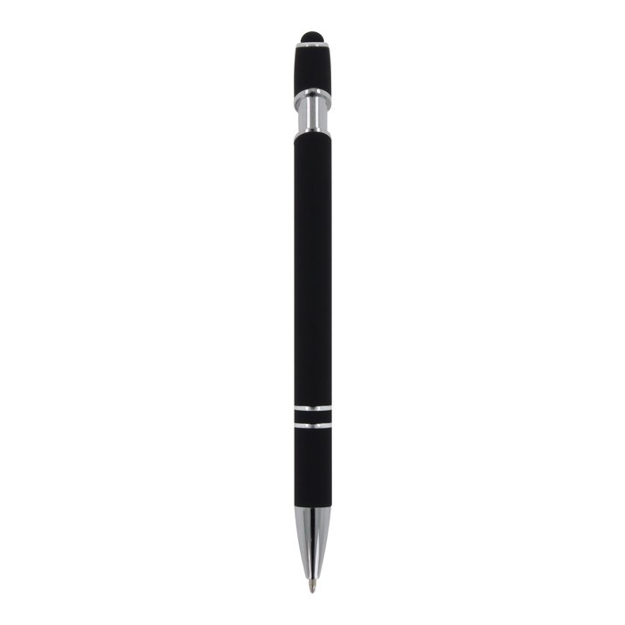 Bolígrafo de aluminio reciclado con acabado de caucho y puntero color negro cuarta vista Bolígrafo de aluminio reciclado con acabado de caucho y puntero color negro cuarta vista