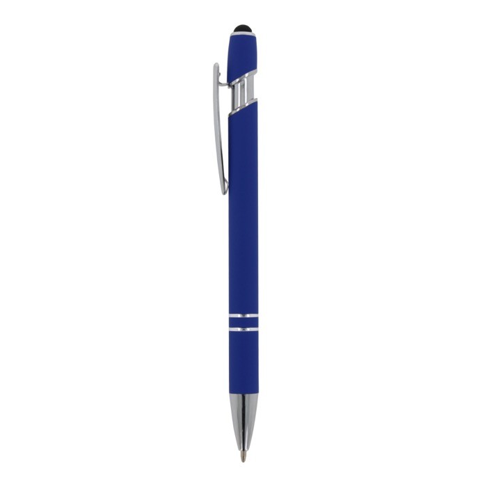 Bolígrafo de aluminio reciclado con acabado de caucho y puntero color azul tercera vista Bolígrafo de aluminio reciclado con acabado de caucho y puntero color azul tercera vista