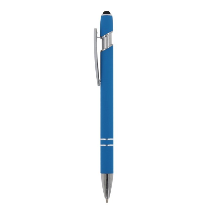 Bolígrafo de aluminio reciclado con acabado de caucho y puntero color azul claro tercera vista Bolígrafo de aluminio reciclado con acabado de caucho y puntero color azul claro tercera vista