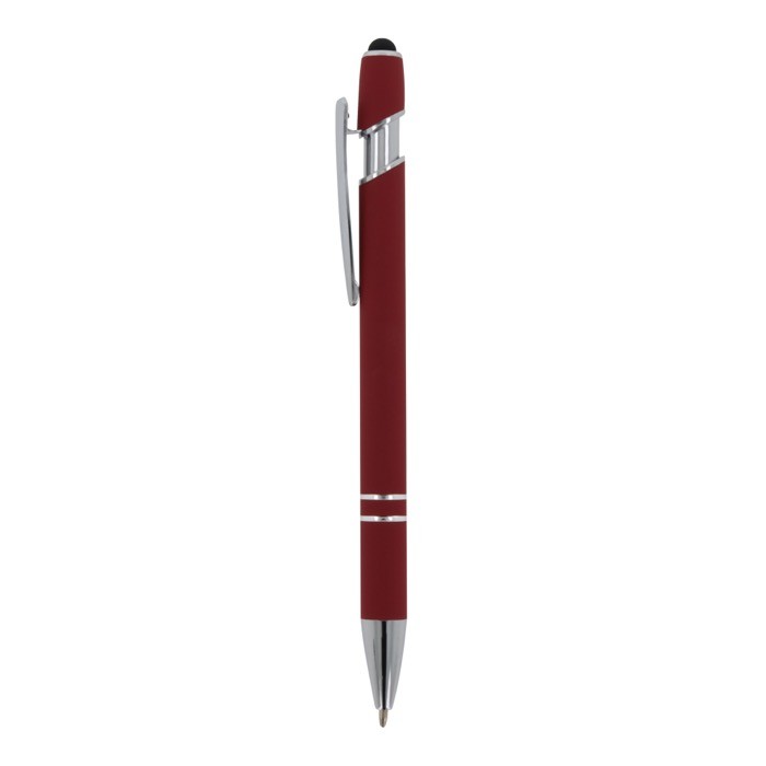 Bolígrafo de aluminio reciclado con acabado de caucho y puntero color rojo oscuro tercera vista Bolígrafo de aluminio reciclado con acabado de caucho y puntero color rojo oscuro tercera vista
