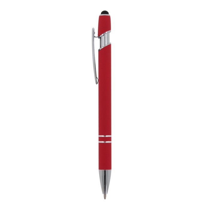 Bolígrafo de aluminio reciclado con acabado de caucho y puntero color rojo tercera vista Bolígrafo de aluminio reciclado con acabado de caucho y puntero color rojo tercera vista