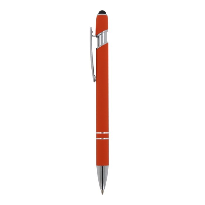 Bolígrafo de aluminio reciclado con acabado de caucho y puntero color naranja tercera vista Bolígrafo de aluminio reciclado con acabado de caucho y puntero color naranja tercera vista