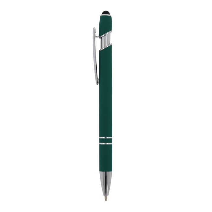 Bolígrafo de aluminio reciclado con acabado de caucho y puntero color verde oscuro tercera vista Bolígrafo de aluminio reciclado con acabado de caucho y puntero color verde oscuro tercera vista
