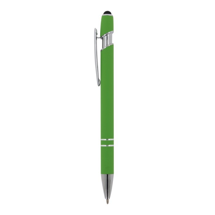 Bolígrafo de aluminio reciclado con acabado de caucho y puntero color verde lima tercera vista Bolígrafo de aluminio reciclado con acabado de caucho y puntero color verde lima tercera vista