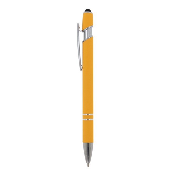 Bolígrafo de aluminio reciclado con acabado de caucho y puntero color amarillo tercera vista Bolígrafo de aluminio reciclado con acabado de caucho y puntero color amarillo tercera vista