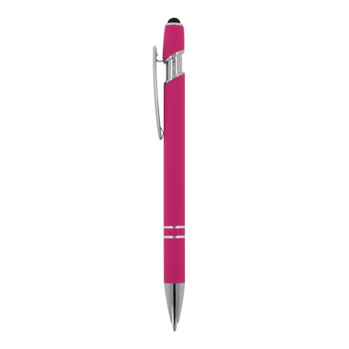 Bolígrafo de aluminio reciclado con acabado de caucho y puntero color rosa tercera vista Bolígrafo de aluminio reciclado con acabado de caucho y puntero color rosa tercera vista