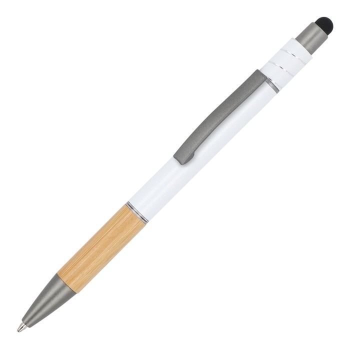 Bolígrafo con detalle de bambú y un spinner anti estrés tinta azul color blanco