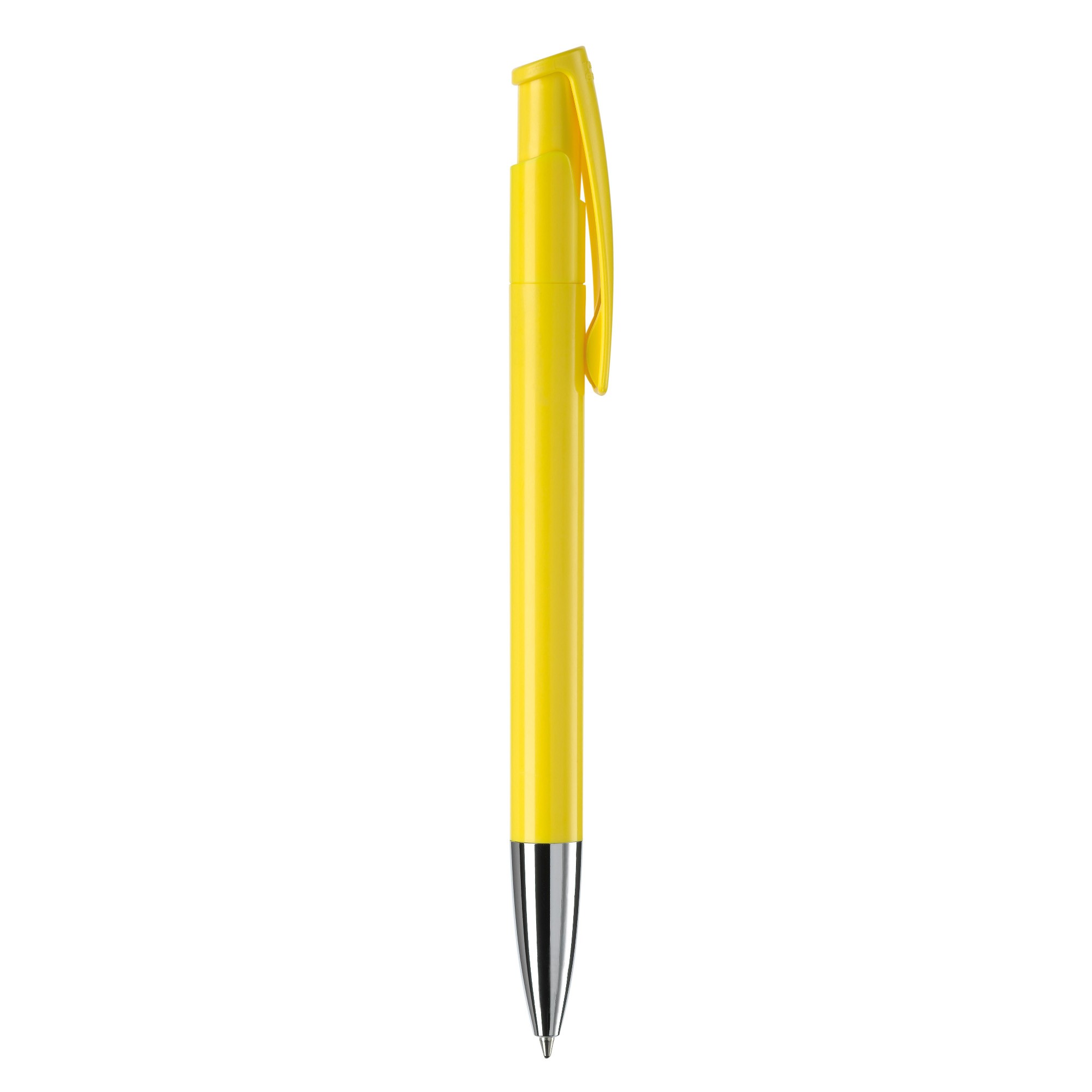 Bolígrafo pulsador de plástico de colores mate hecho en EU color amarillo quinta vista Bolígrafo pulsador de plástico de colores mate hecho en EU color amarillo quinta vista
