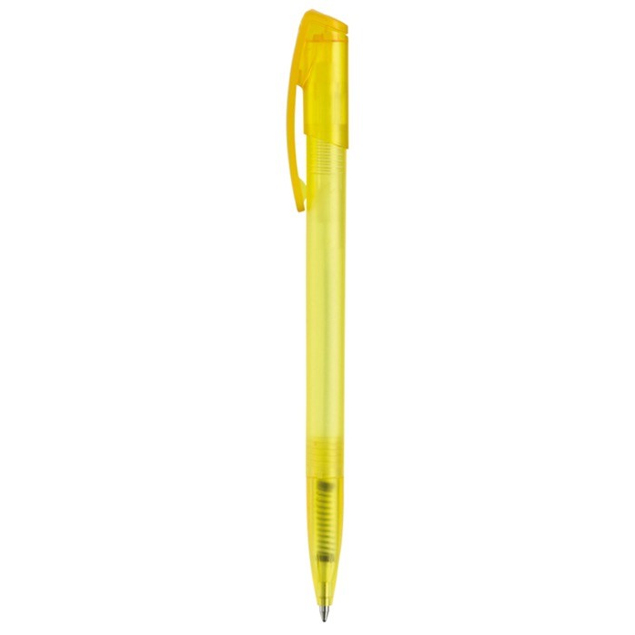 Bolígrafo de plástico transparente de colores con clip arqueado color amarillo cuarta vista Bolígrafo de plástico transparente de colores con clip arqueado color amarillo cuarta vista